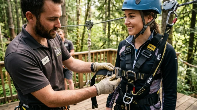 Instructor adjusting a safety harness on a zipline rider before takeoff in a forest adventure park
