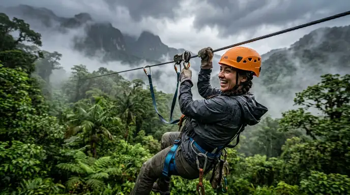 Person ziplining through a lush green forest in light rain with misty atmosphere and cloudy sky