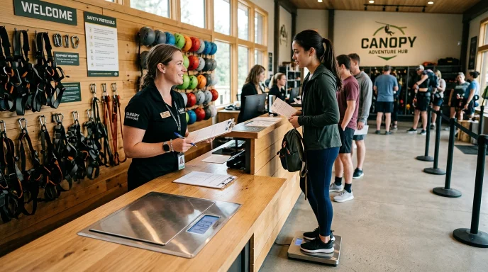 Zipline operator discreetly weighing a guest during check-in at an adventure park using a digital scale