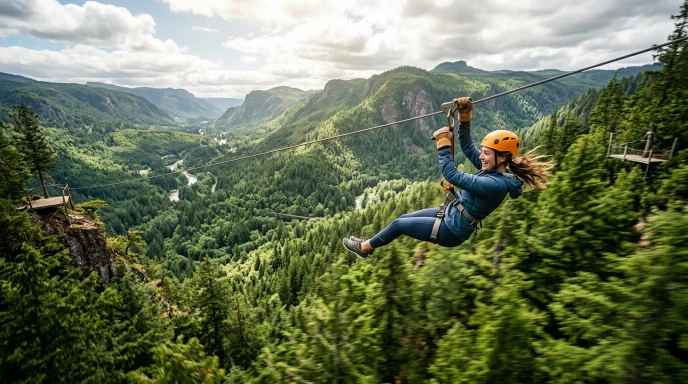 A person ziplining over a lush green forest canopy with sunlight and mountains in the background showing adventure tourism experience