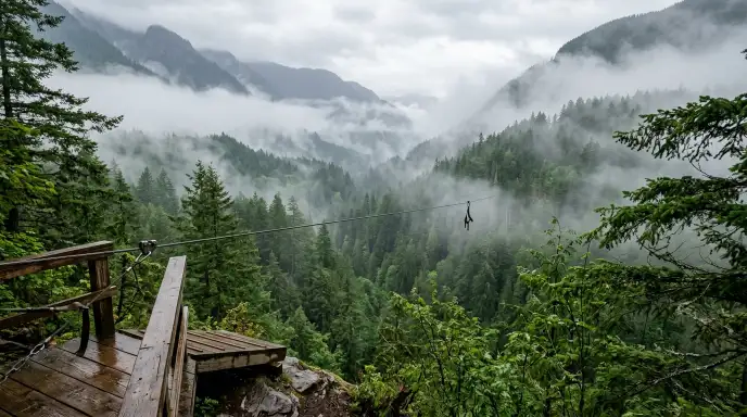 Empty zipline cable over a misty forest valley after rain with fog, green trees, and dramatic landscape view