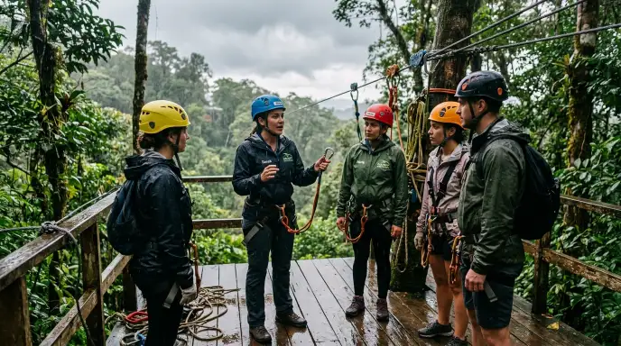 Zipline guides giving safety briefing to tourists on a wet forest platform during light rain with helmets and harnesses