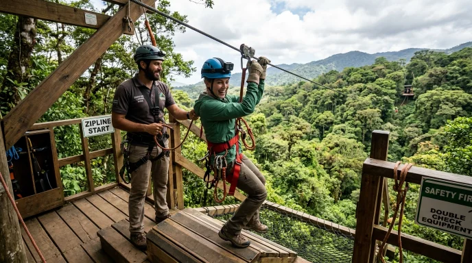A zipline rider launching from a forest platform while a guide assists, showing safety harness equipment and adventure setup