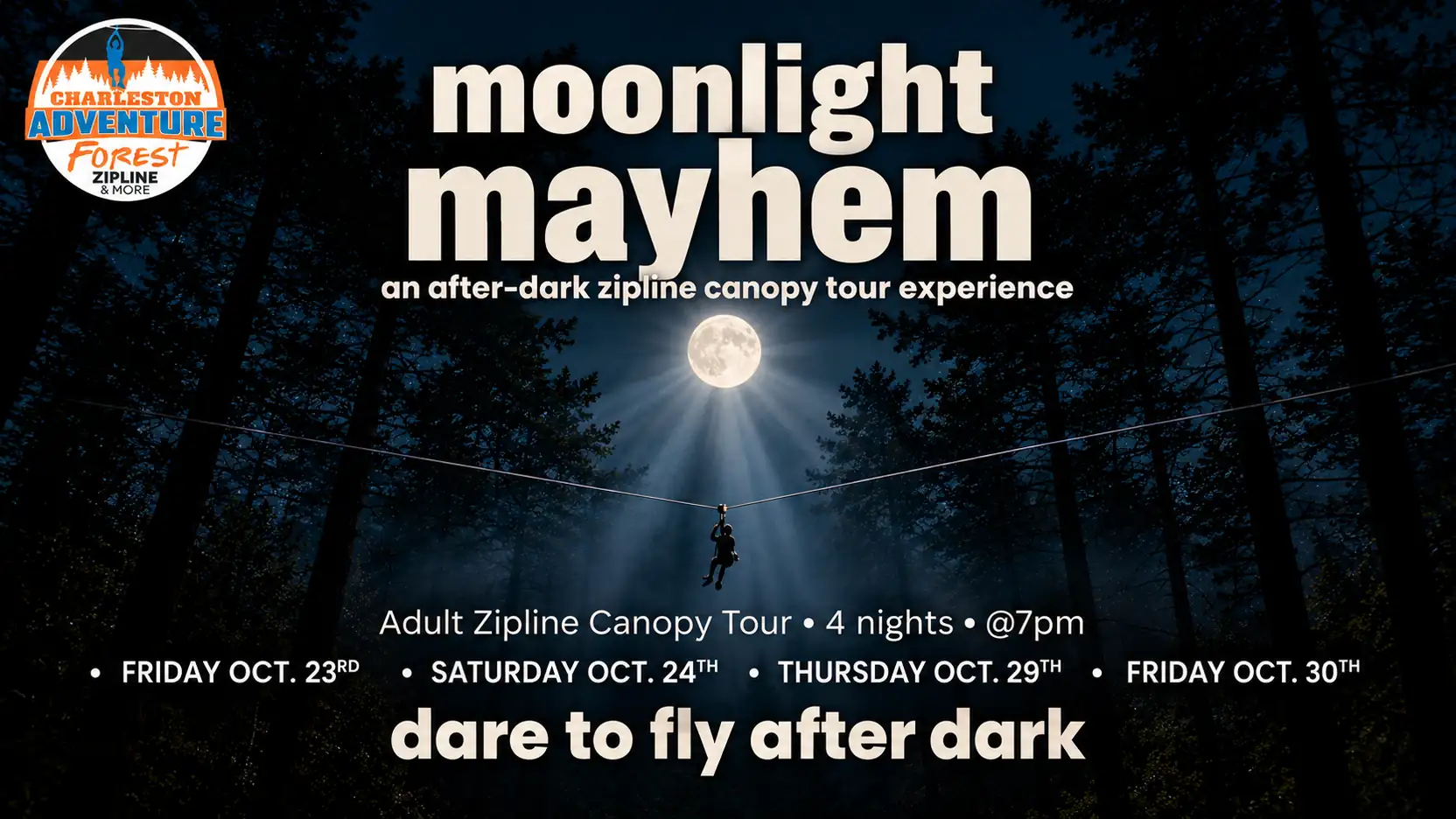 Nighttime zipline canopy tour at Charleston Adventure Forest in Awendaw, SC